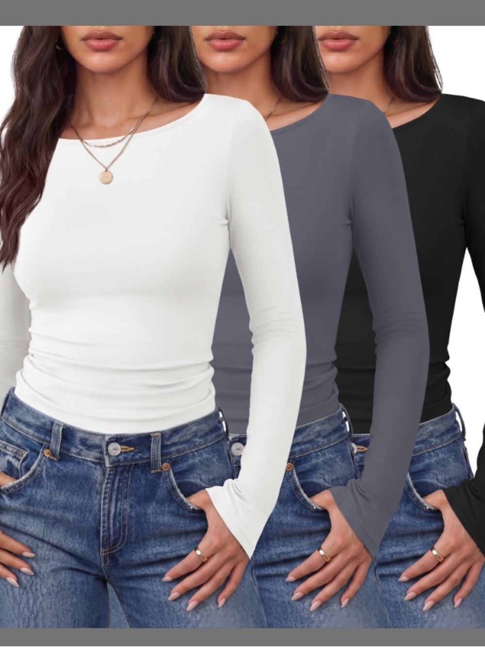 Women's Long Sleeve Crewneck Top - White, Gray, Black